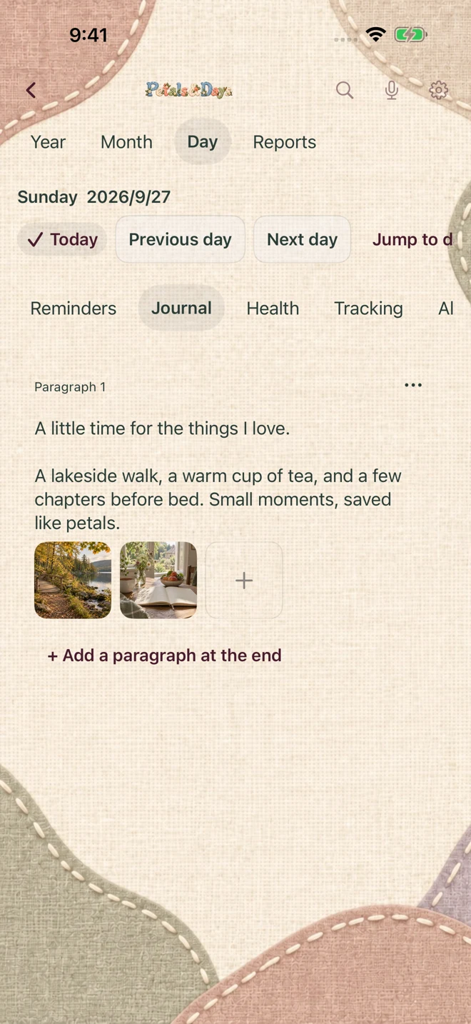 Actual Petals & Days diary screen